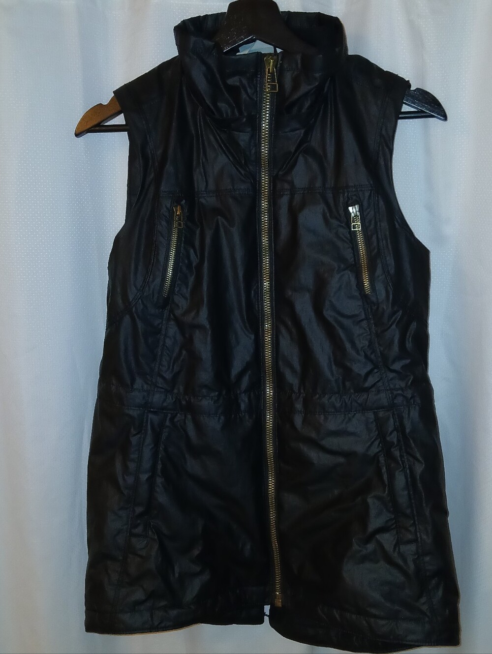 Athleta Alpine Air Black Puffer Vest w/ Gold Zippers *MISSING FUR-LINED HOOD* XS